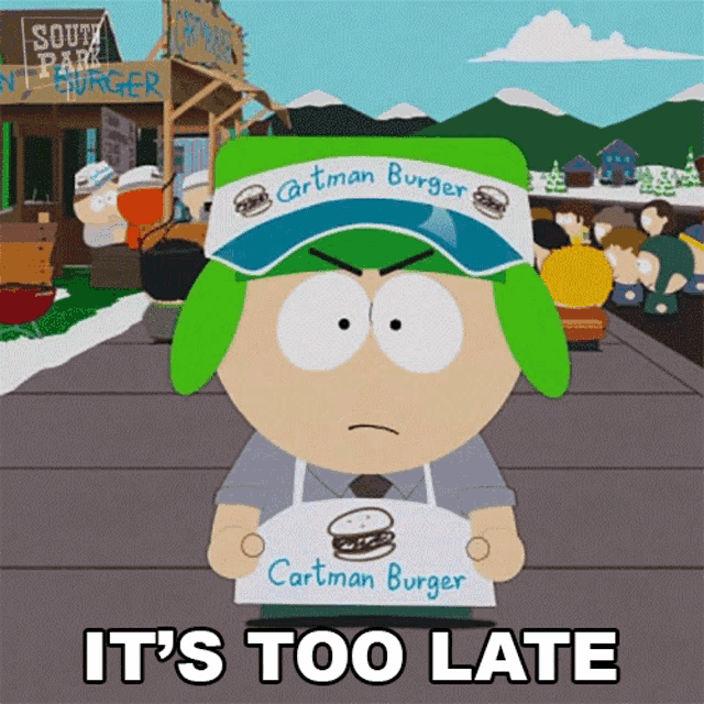 a cartoon character from south park holding a sign that says cartman burger