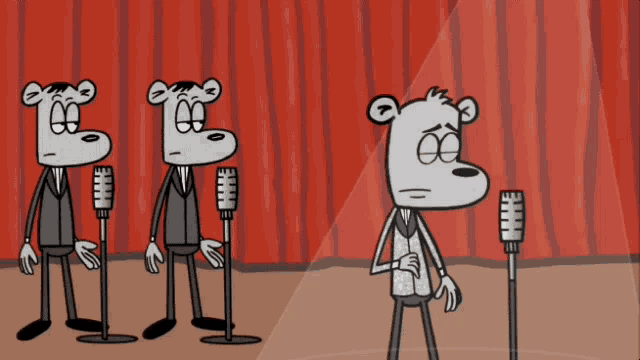 a cartoon of three bears singing into microphones with a red curtain behind them