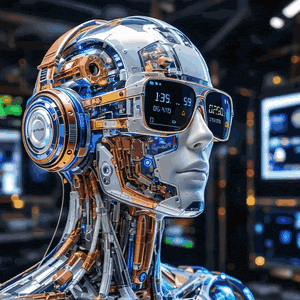 a robot wearing headphones and sunglasses displays the time as 12:39