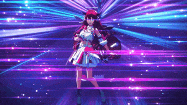 a girl with red hair is standing in front of a purple light beam