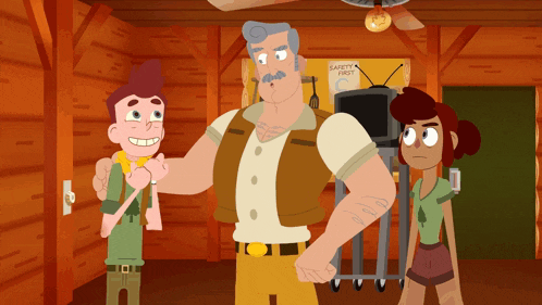 a group of cartoon characters standing in front of a safety first sign