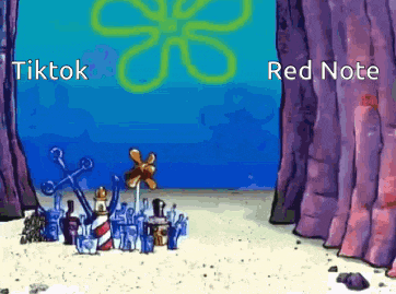 a cartoon scene of spongebob squarepants with a flower and the words tiktok and red note