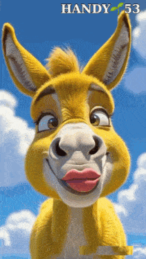 a cartoon donkey with a blue sky behind it and the words handy 53 on the bottom