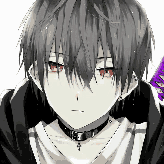 a black and white anime character with red eyes and a choker
