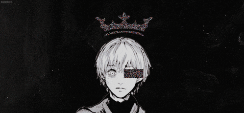 a black and white image of a person with a crown on top