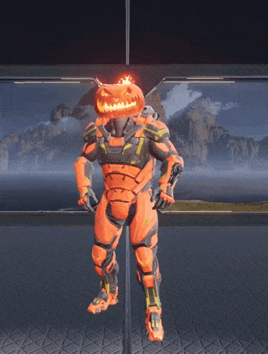 a robot with a pumpkin head is standing in a dark room