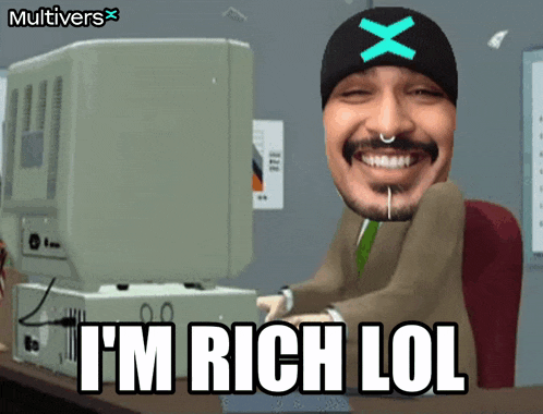 a cartoon of a man sitting in front of a computer with the words " i 'm rich lol " below him