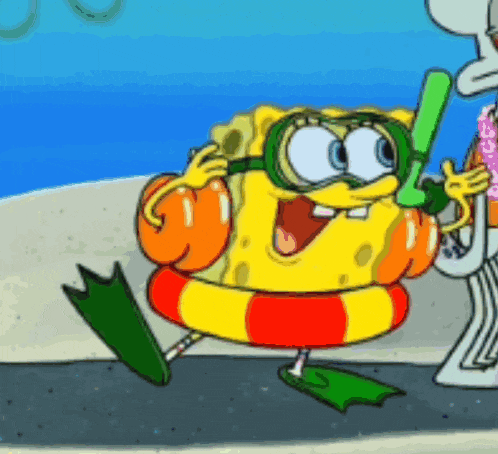 a cartoon of spongebob wearing goggles and flippers on a beach .