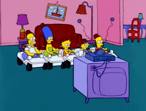 a group of cartoon characters are sitting in a living room watching television .