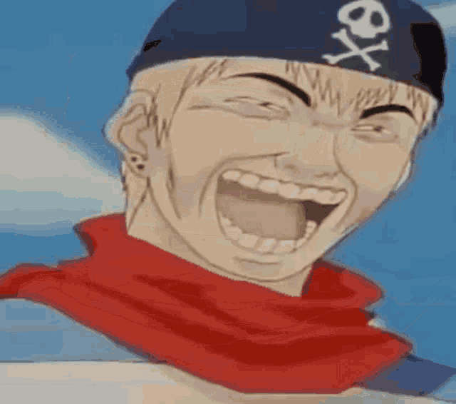 a man wearing a pirate hat with a skull and crossbones on it laughs