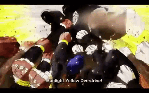 a group of people are fighting each other in a boxing match while a man says `` sunlight yellow overdrive '' .