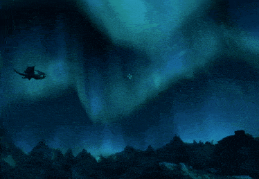 a silhouette of a dragon flying in the sky with the aurora borealis