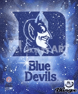 blue devils logo on a blue background with snow falling