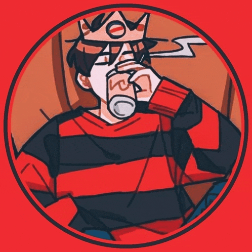 a cartoon drawing of a man wearing a crown drinking a can of soda