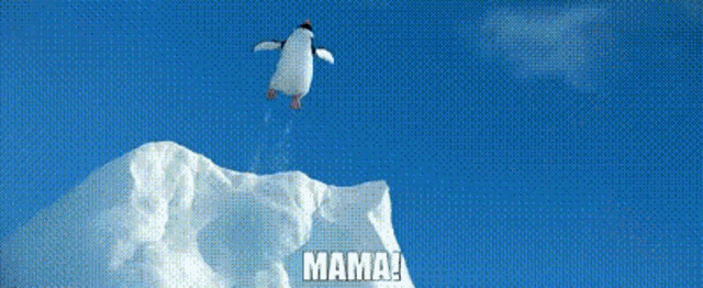 a penguin is standing on top of a snow covered iceberg and says mama !