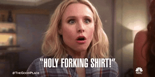 a woman is wearing a plaid shirt and saying `` holy forking shirt ! ''