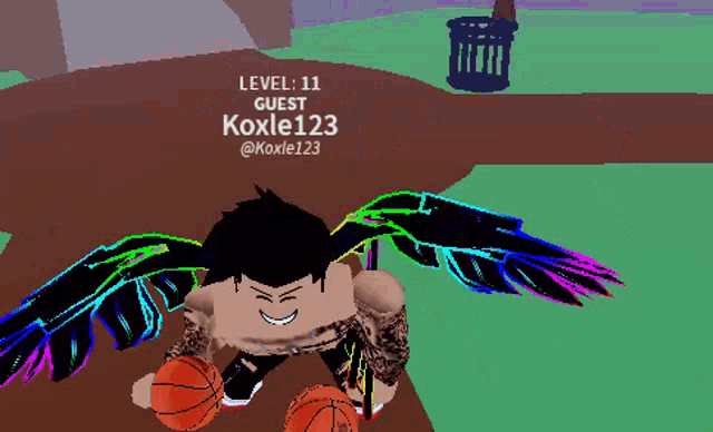 a cartoon character with wings is holding a basketball and says " level 11 guest koxle123 @koxle123 "