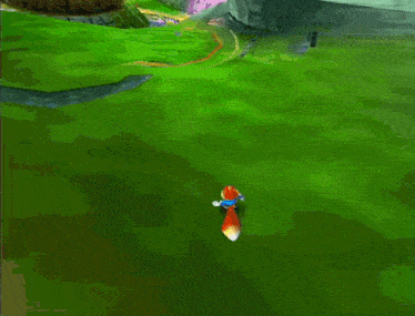 a video game shows a cartoon character standing in the grass