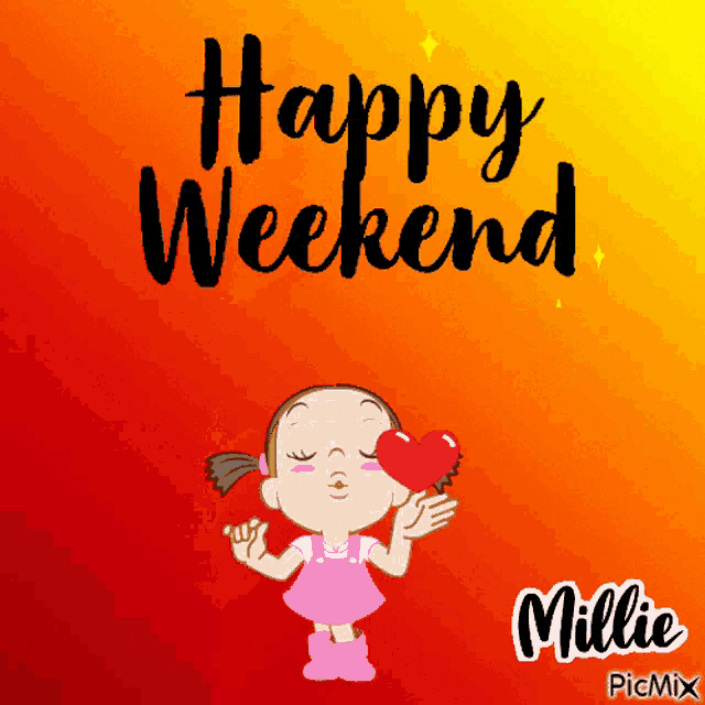 a cartoon girl blowing a kiss on a red heart with the words happy weekend