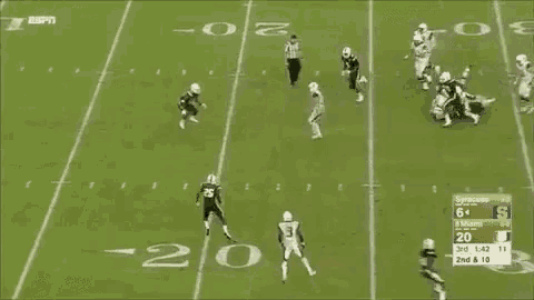 a football game between syracuse and miami is being played on a field .