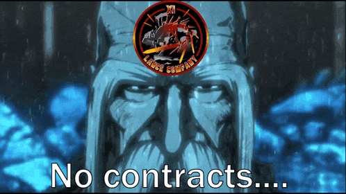 a drawing of a man with a beard and the words no contracts