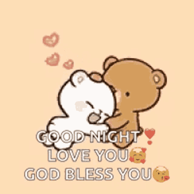 two teddy bears are standing next to each other and saying good night .