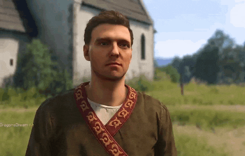 a man in a video game is wearing a green shirt with a red ribbon around his neck that says ' a '