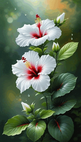 a painting of three white hibiscus flowers with red centers