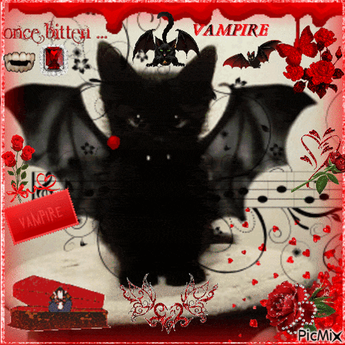 a picture of a black cat with bat wings and the words vampire on the top