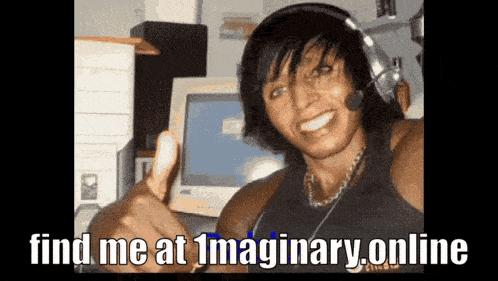 a woman wearing headphones is smiling and giving a thumbs up with the words find me at imaginary online below her