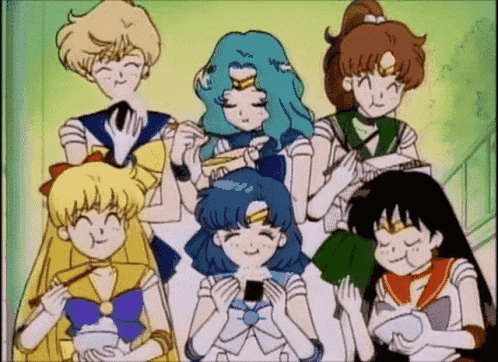 a group of anime girls are standing next to each other and eating food .