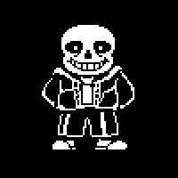 a pixel art of sans from undertale is smiling and standing on a black background .