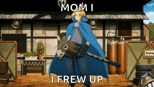 a man in a blue cape holding a donkey head and a sword says mom i frew up