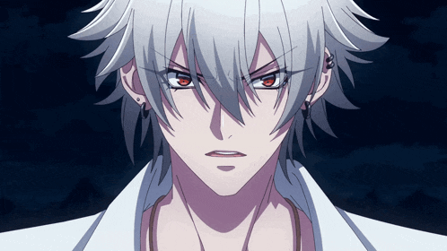 a man with gray hair and red eyes looks angry