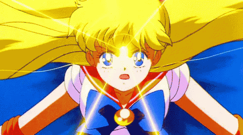 a close up of a sailor moon character with a blue bow