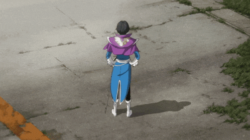 a man in a purple jacket and blue coat is holding a sword