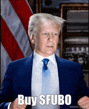 a man in a suit and tie says buy $ fubo in front of an american flag