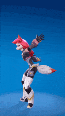 a cartoon character with red hair and a white tail is standing on a blue background