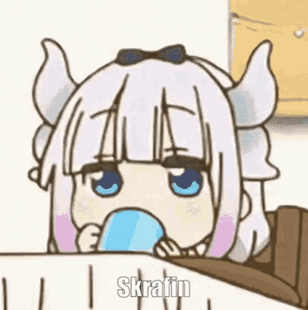 a cartoon of a girl with horns drinking a cup of water .
