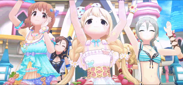 a group of anime girls are dancing with their arms up in the air