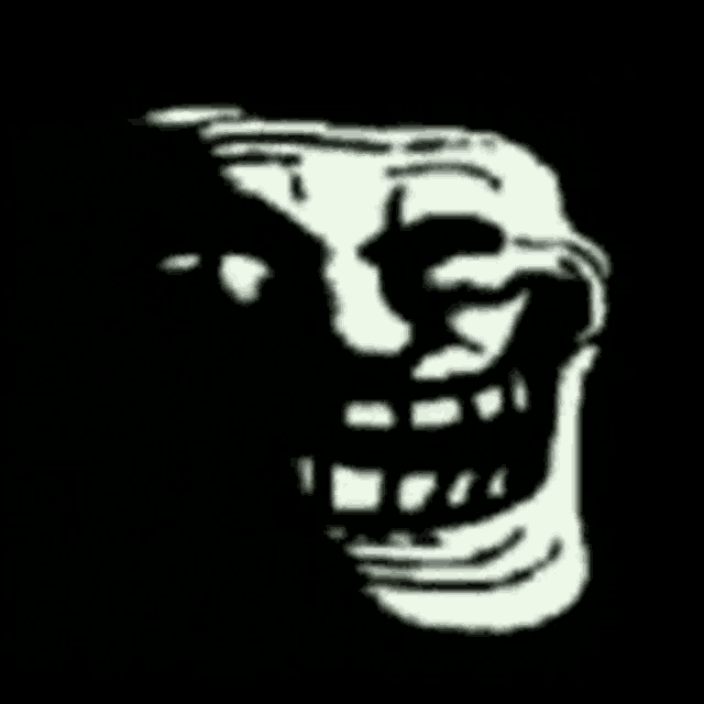 a black and white drawing of a troll face with a smile on it .