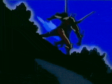 a drawing of a plane flying over a cliff with a blue light coming out of it