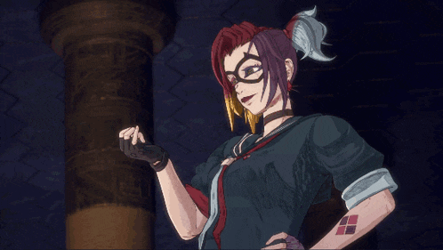 a cartoon character with glasses and a tattoo on her arm