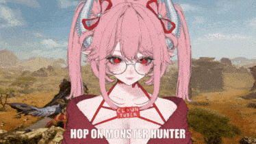 a girl with pink hair and horns has the words hop on monster hunter on her chest