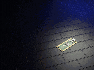 a green and gold motherboard sits on a black brick floor