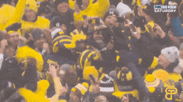 a crowd of people at a football game with fox big noon saturday in the corner