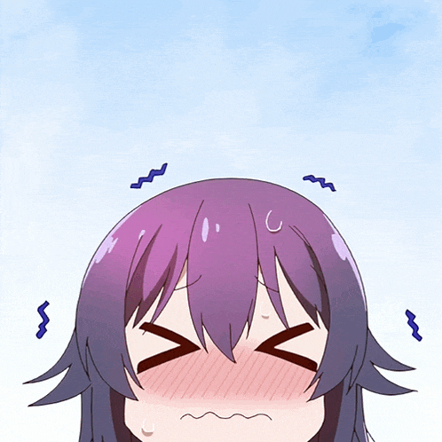 a girl with purple hair is making a sad face with her eyes closed