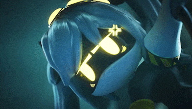 a close up of a cartoon character with a yellow eye