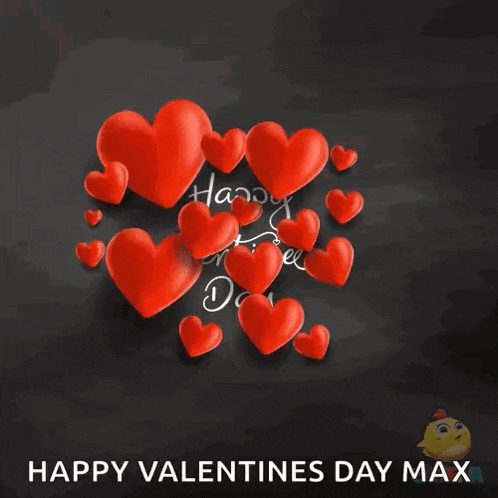 a happy valentine 's day greeting card with red hearts on a black background