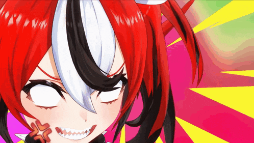 a close up of a cartoon character with red hair and white stripes